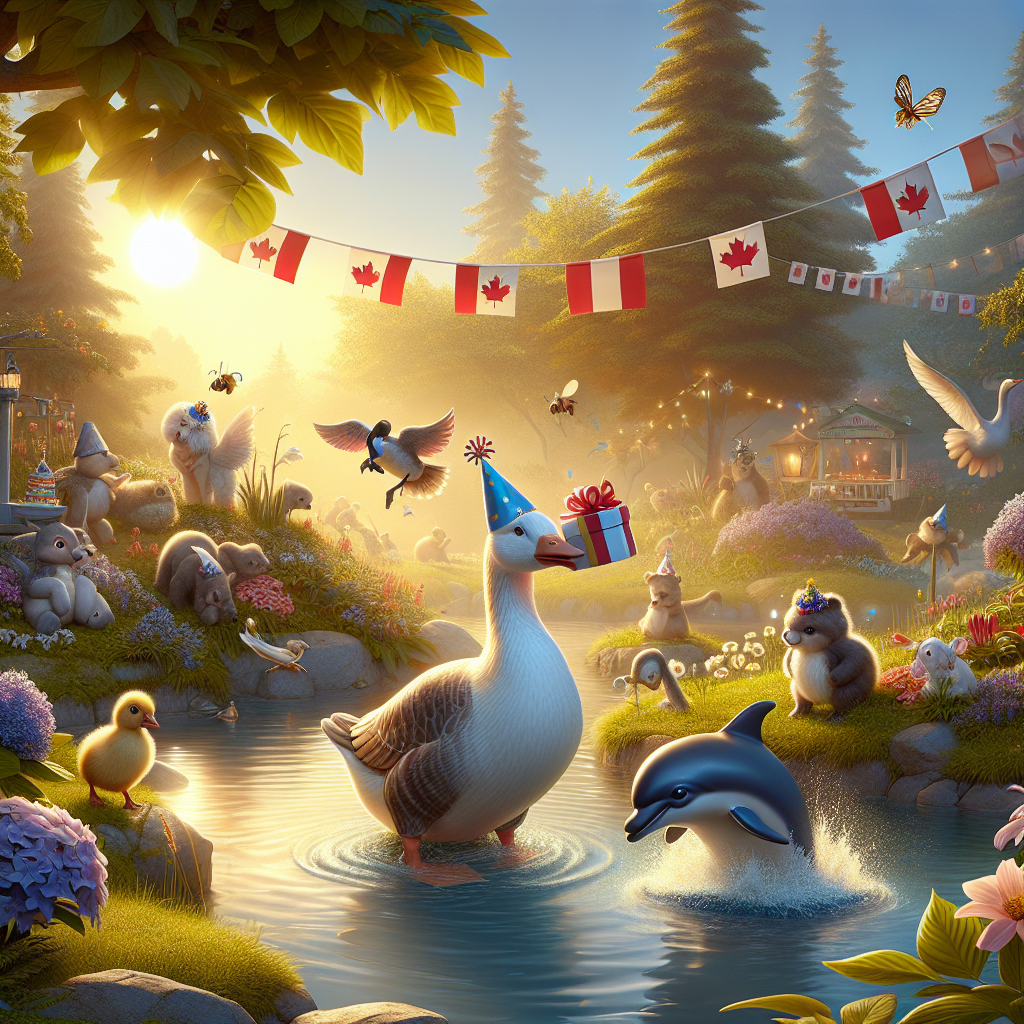A tranquil garden scene bathes in the gentle light of a setting sun that casts a golden aura over the entire landscape. An ensemble of adorable and realistic creatures take center stage in a birthday festivity. A goose carries a tiny wrapped gift in its beak, waddling toward a pond where a dolphin jubilantly jumps, creating a splash. Flying over this scene, a bumblebee sports a tiny party hat, maneuvering through the air decorated with the Canadian maple leaf and the British Union Jack that flutter gently in the breeze. The overall sight is a celebration of unity and happiness.
Generated with these themes: Goose, Dolphin , Bumble bee, Cananda, and United Kingdom .
Made with ❤️ by AI.