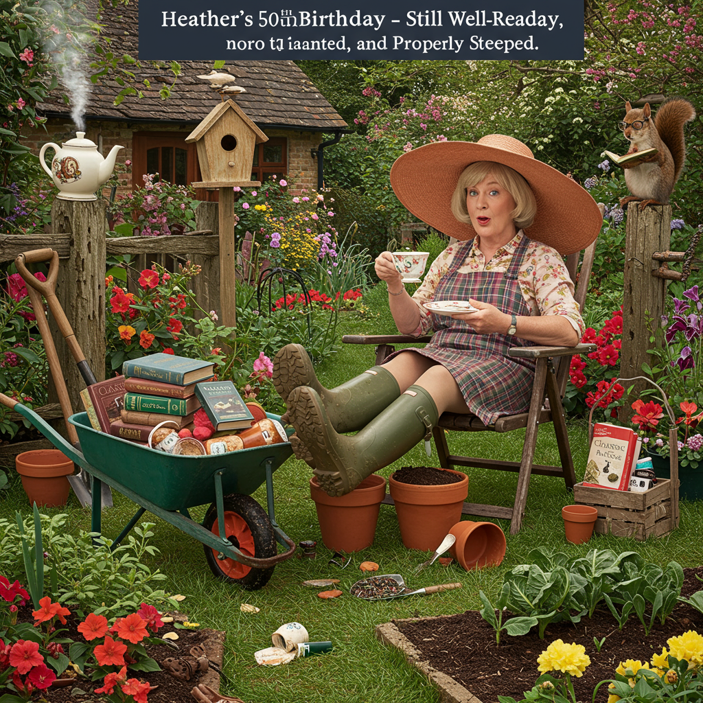 At the top of the realistic photograph image, “Heather’s 50th Birthday — Still Well-Read, Well-Planted, and Properly Steeped!”

Realistic photograph image prompt:

A cozy, slightly chaotic English garden setting with bright blooming flowers, vegetable patches, and gardening tools strewn about. In the middle, a woman with a giant sunhat sits comfortably in a reclined garden chair, balancing a teacup and saucer in one hand, an open book in the other, and muddy wellies up on a flower pot. A wheelbarrow nearby is filled not with dirt, but stacked with classic novels and loose tea leaves. A teapot peeks out from a birdhouse, with steam puffing comically from the chimney. A squirrel wearing glasses and holding a mini book watches intently from a nearby fence post. The scene captures the ultimate multi-tasker — Heather — gardening, sipping tea, and reading all at once with an expression of mischievous delight.
Generated with these themes: Reading Books, Gardening, Drinking Tea.
Made with ❤️ by AI.