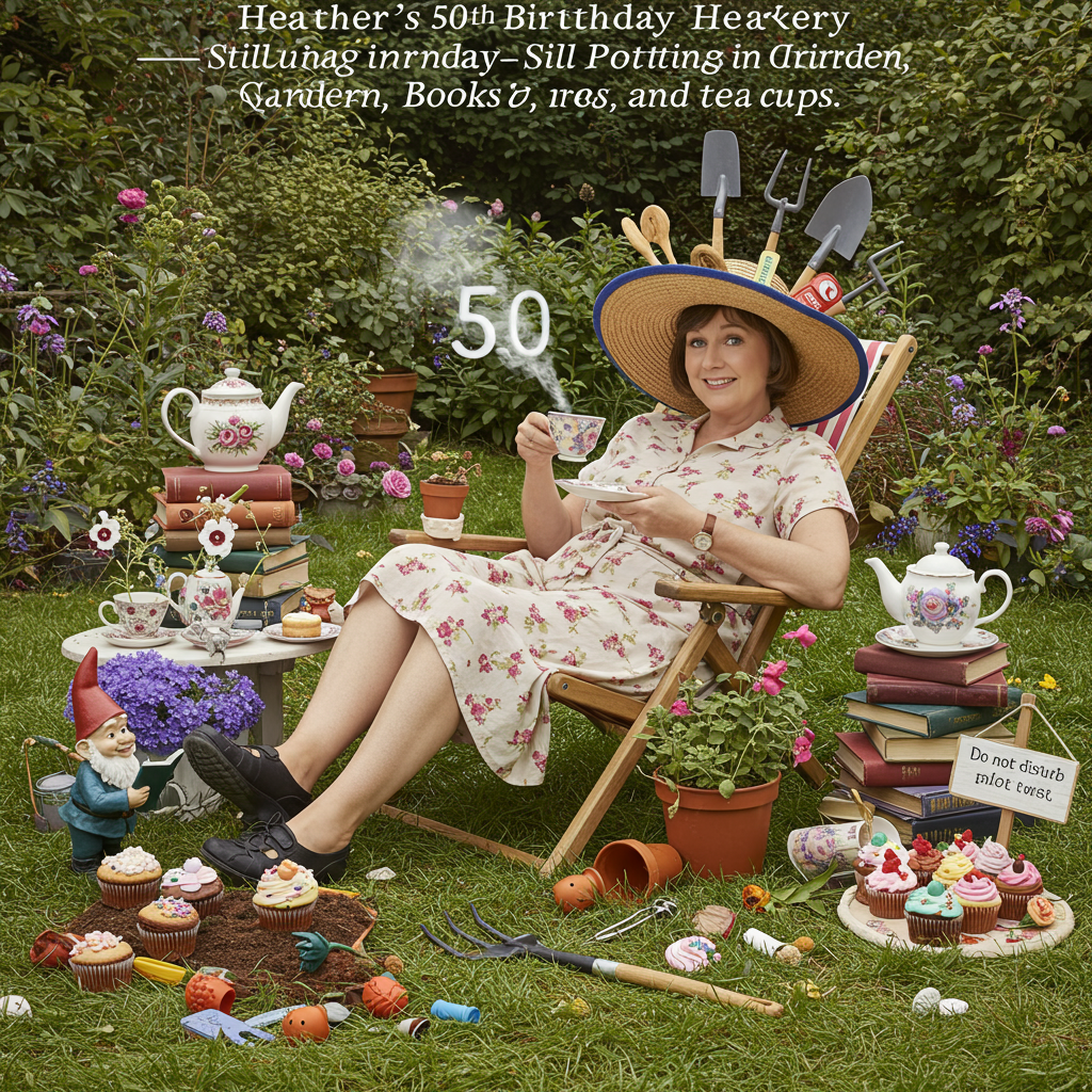 **Prompt:**

At the top of the realistic photograph image, "Heather's 50th Birthday—Still Plotting in the Garden, Books, and Teacups!"

A cozy garden scene on a sunny afternoon, featuring a realistic photograph-style setup. In the center, a woman resembling Heather lounges in a deckchair surrounded by wildflowers, teapots, and stacks of books. She wears a floppy sunhat adorned with garden tools and bookmarks poking out. One hand holds an open book, while the other daintily lifts a cup of tea—steam rising whimsically into the shape of a “50.” A gnome nearby appears to be peeking into a miniature book, while another one waters a plant growing out of a teacup. Garden tools are playfully abandoned near her feet next to a half-planted row of blooming cupcakes. A hanging sign on a rake handle reads: “Do not disturb—mid-plot twist!”  

Funny, warm, and overflowing with garden-chaos, literary flair, and teatime comfort.
Generated with these themes: Reading Books, Gardening, Drinking Tea.
Made with ❤️ by AI.