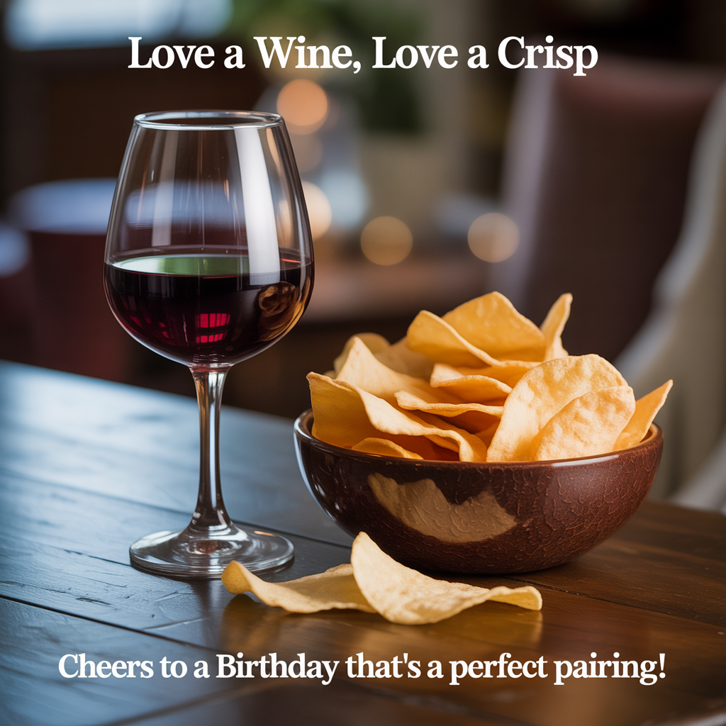 At the top of the image, "Love a wine, love a crisp":

- At the bottom of the image, "Cheers to a birthday that's a perfect pairing!"

- Capture a scene with an ultra-high-definition 4K UHD photograph: an elegantly set wooden table with a glass of rich red wine, its color deep and inviting, catching the light just right. Beside it, a bowl overflowing with golden-brown English truffle crisps, each crisp displaying a delicate texture. The focus is crisp with a gentle blur in the background, highlighting a warm, cozy atmosphere.
Generated with these themes: English truffle crisps, Red wine, and .
Made with ❤️ by AI.