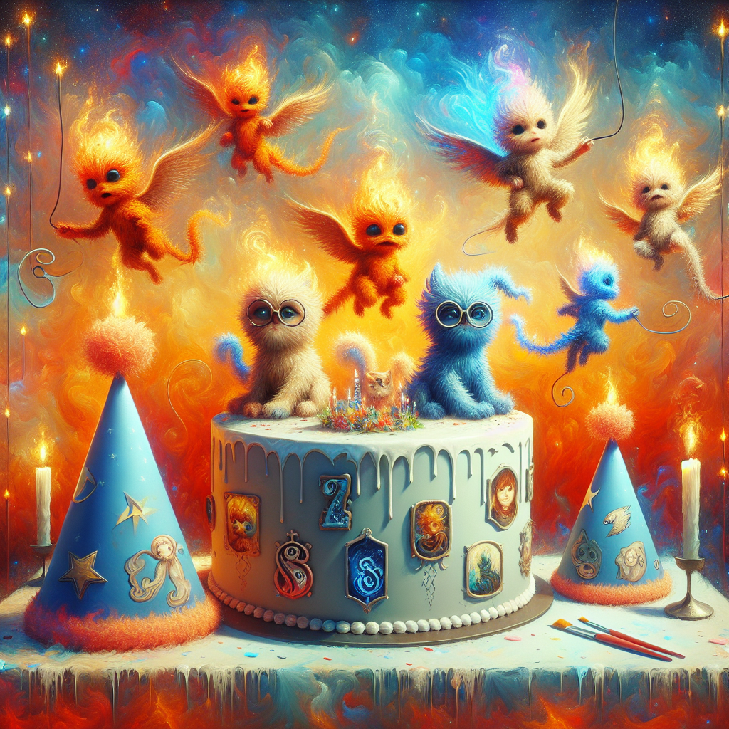 A delightful and abstract birthday environment infused with elements from a popular fantasy novel. Evoked with tender, dream-like brushstrokes, cute and fuzzy creatures similar to miniature mythical beasts frolic amongst fiery gushes of paint representing various emblems of imaginary factions. Playfully tilted party hats display symbols not unlike an ethereal legend's elements, under a starry illusion created by twinkling fairy lights, invoking the ambiance of a rustic household under the night sky. A whimsically askew cake, which seems to have been brought to life by a magical accident, features caricatures of three typical fantasy novel protagonists - a boy with glasses, a red-haired boy and a smart girl.
Generated with these themes: Harry Potter .
Made with ❤️ by AI.