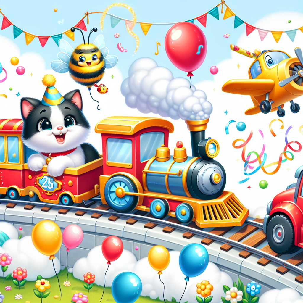 In this delightful cartoon celebration of a birthday, a charming train filled with happiness weaves its way by a bright red bus positioned at the location of the party. A cat, with a black and white coat, gracefully moves between the festivities, its fur touching sparkling bubbles that ascend to encounter a flying bee holding a tiny party horn. The environment is marked with an animated car and a high-flying plane, both adorned with streamers, gliding amid clouds formed like balloons. A cheerful construction digger, embellished with ribbons, digs up joyful sounds as if it's soil, while a friendly duck wearing a party cap flaps around, quacking in sync with the day's jubilations.
Generated with these themes: Train, red bus, black and white cat, bubbles, bee, car, plane, balloons, digger, duck.
Made with ❤️ by AI.