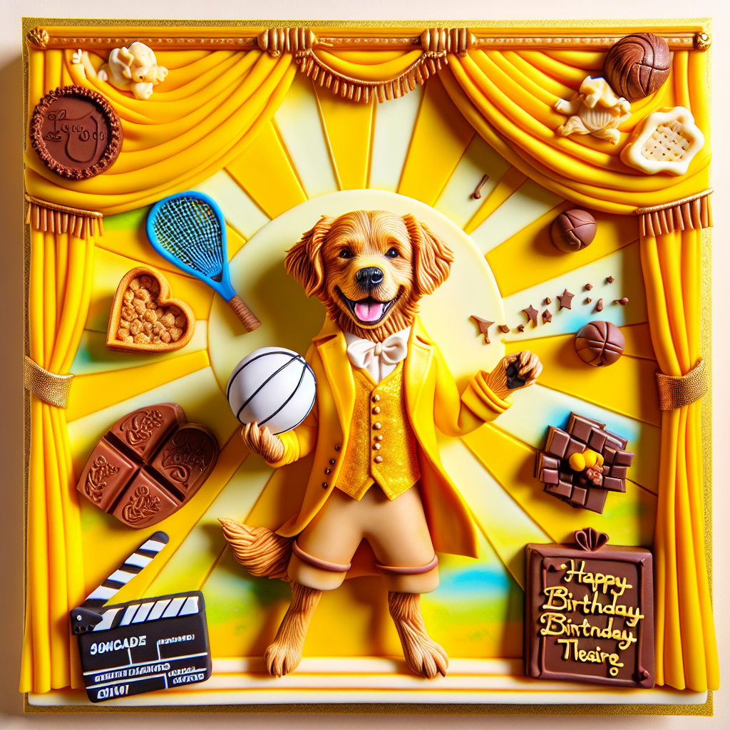 Imagine an invigorating birthday setup embracing a sunny, joy-filled ambiance with a bright yellow backdrop. At center stage, there's a character that takes on the appearance of a charming golden retriever. The retriever is distinguished by its clothing, mimicking a dashing musical theater costume, and holds a netball in its paws. Intricately detailed symbols hinting at various athletic pursuits and delicious chocolate delights elegantly scattered around the cheerful retriever. This seamless blend of elements serves to celebrate diverse hobbies and a beloved pet, amplifying the delightful energy of the birthday theatre scene.
Generated with these themes: Musical Theatre, Netball, Athletics, Golden retriever, Yellow, and Chocolate.
Made with ❤️ by AI.