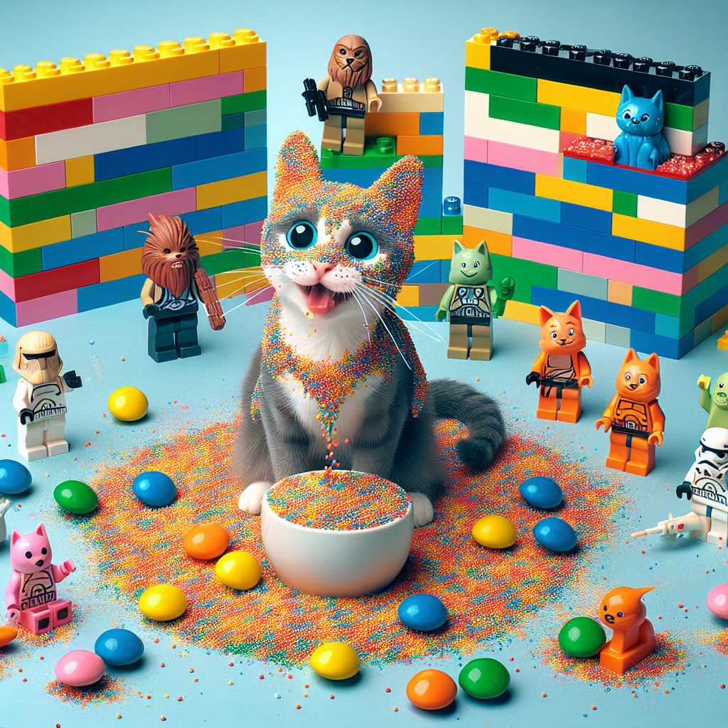 Create an amusing birthday scene imbued with the fun of cartoons and the thrill of a themed party. Construct a backdrop made entirely of Lego bricks, painted in a wide variety of eye-pleasing colors. In this interesting world, introduce domesticated felines designed to subtly mimic the appearance and behaviors of popular intergalactic movie characters without infringing upon copyrights. Have them playfully interact with a vibrant confetti-like scatter of multicolor candies, each looking like lentils covered in a colorful candy shell. Let this whimsical world invite joy, laughter, and a sense of carefree celebration. 
Generated with these themes: Star wars, Cats, Lego, and M&ms.
Made with ❤️ by AI.