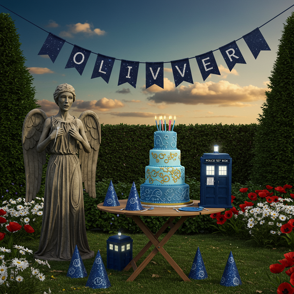 The front cover of this birthday greeting card presents a whimsically realistic photograph-style scene set in a verdant, enchanting garden bathed in the soft golden light of a late afternoon. The focal point of the card is an elaborate, tiered birthday cake that stands proudly on a round wooden table. The cake is decorated with intricate, swirling designs reminiscent of the TARDIS's iconic blue hue, accented with edible golden gears and clock hands.

To the left of the cake, a life-sized, hyper-detailed statue of a Weeping Angel looms. Its stone texture is rendered with striking realism, capturing every crack and weathered line. This angel, though, is holding a fork and knife, poised humorously as if ready to partake in the birthday celebration.

A small blue police box replica, distinctly TARDIS-like, serves as a charming table centerpiece, complete with glowing windows and an open door that emits a soft, inviting light. Around the table, scattered party hats feature a repeated pattern of gallifreyan symbols in silvery glitter against a dark blue background.

In the background, lush green hedges form a natural fence, while clusters of white daisies and vibrant red poppies bloom around the base of the table, adding pops of color to the scene. Above, the sky is a rich, fading blue, scattered with fluffy, cotton-candy clouds.

A banner stretches across the top of the scene, strung between two towering topiary trees. The banner is a deep navy fabric, with the name "Oliver" emblazoned in large, bold letters that shimmer with a pearlescent finish, capturing the light as if sprinkled with stardust.

This detailed tableau captures the whimsy and wonder of the Doctor Who universe, merging it seamlessly with the playful joy of a birthday celebration.
Generated with these themes: Doctor who, and Weeping angels.
Made with ❤️ by AI.