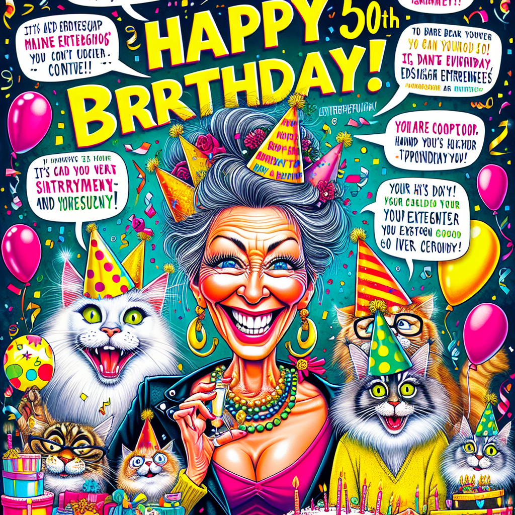A vibrant and humorous 50th birthday card in a cartoon style captures the jubilant spirit of the celebration. Center stage is a caricature of a design entrepreneur, portrayed with exaggerated features, encapsulating the lively spirit of their personality. Surrounding her are playful Maine Coon cats wearing party hats, contributing to the festive atmosphere. The background is decorated with confetti and comic speech bubbles filled with witty quips about reaching the half-century milestone, perfectly tailored for the entrepreneurial woman's special day.
Generated with these themes: Entrepreneur, Maine coon cats, 50th, and "Nena".
Made with ❤️ by AI.