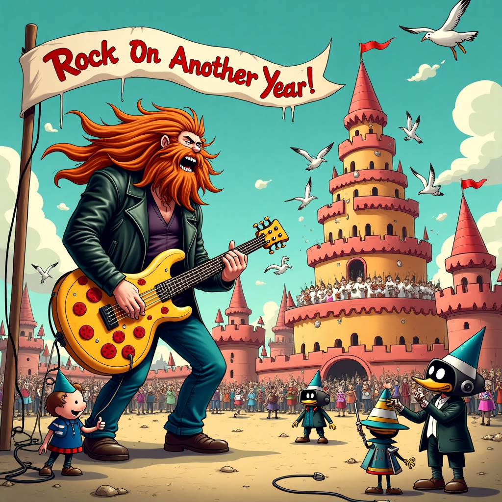 In a vibrant, whimsically chaotic birthday scene, picture a burly male heavy metal musician with an impressive mane of hair, styled in a way that suggests he's just stepped off stage after a headbanging encore. He's rocking out on a comically oversized bass guitar shaped like a slice of pizza, its strings made of spaghetti strands, capturing the spirit of playfulness and excess. His leather jacket is adorned with patches of cartoonish skulls and tiny birthday candles, each with a small flame, fluttering as if they are alive, a nod to Charles Schulz's playfulness. 

The setting is an outdoor birthday party, with a backdrop inspired by a mash-up of Bill Watterson’s imaginative landscapes and Winsor McCay's dreamlike elements. The scene is dotted with inflatable castles shaped like medieval fortresses, where small cartoonish animals in party hats—reminiscent of Disney's anthropomorphic charm—are gleefully jumping around. In the foreground, a small robot, akin to Osamu Tezuka’s Astro Boy but dressed in a tuxedo and wielding a conductor's baton, is orchestrating the chaos, trying to keep the tempo with the musician’s wild riffs.

To the side, a gigantic birthday cake towers like a tiered castle, its icing swirling into spirals that mirror Hergé's clean lines in Tintin. The cake is occupied by tiny, mischievous, fairy-like creatures, similar to R. Crumb's eccentric characters, who are engaged in a frosting battle, slinging blobs of brightly colored icing at each other. A crowd of diverse characters from different cartoon realms, inspired by Art Spiegelman’s narrative depth, are gathered around, laughing and dodging the sweet projectiles. 

Above the scene, a banner flutters, held aloft by a team of seagulls wearing bandanas, reminiscent of Gary Larson's quirky humor, with the words “Rock On Another Year!” emblazoned across it in bold, jagged letters. The scene is a delightful clash of the absurd and the celebratory, a true homage to the imaginative blend of storytelling and art from the greatest cartoonists.
Generated with these themes: male heavy metal musician playing bass.
Made with ❤️ by AI.