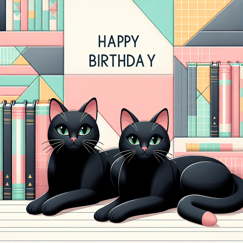Generate an image of an abstract and playful birthday theme featuring twin black cats with sleek fur and captivating green eyes as the central figures. They are lounging beside a stack of colorful, hardcover books against a backdrop of pastel geometric patterns offering a modern twist to the visual. This cheerful and cozy scene, symbollising a celebration of life and love for literature, is ideal for a book enthusiast's birthday.
Generated with these themes: 2 black cats , and Books.
Made with ❤️ by AI.