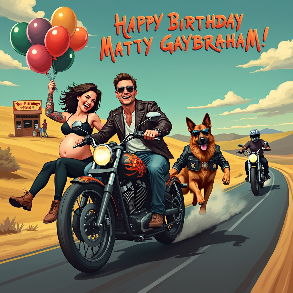 In the foreground of the card, Matty Gaybraham is shown riding a roaring, gleaming black motorbike adorned with vibrant tattoos of flames, skulls, and roses on the metal bodywork. The motorbike has a sidecar, where a pregnant wife with a cheeky grin and a prominent baby bump is comfortably seated, waving enthusiastically with one hand while clutching a large bouquet of colorful balloons with the other.

Beside them, racing at the same speed, is a muscular German Shepherd wearing a leather jacket and aviator sunglasses, his ears flapping in the wind and his tongue lolling out happily. The dog's jacket is also adorned with small, playful tattoo designs, like paw prints and bones.

The backdrop of the scene is a picturesque open road cutting through a sunny countryside with rolling hills. High in the sky, fluffy clouds spell out "Happy Birthday Matty Gaybraham!" in bold, puffy letters that float whimsically above the scene. On one of the hills, there's a quirky roadside stand with a giant nose-shaped sign that says "Nose Piercings Here" in bright, bold letters, adding a touch of humorous oddity to the landscape.

In the distance, another motorbike is approaching, ridden by a tattoo artist with his tattoo gun ready, wearing a helmet that has "Art on the Go" painted on it. This adds an extra layer of intrigue, hinting at the possibility of spontaneous birthday tattoos.

Every element of the scene is vivid and detailed, ensuring it tells a story at a single glance, packed with humor and personalized touches to celebrate Matty Gaybraham's birthday in a truly unique way.
Generated with these themes: Motorbikes, Huge nose, German shepherd, Tattoos, and Pregnant wife.
Made with ❤️ by AI.