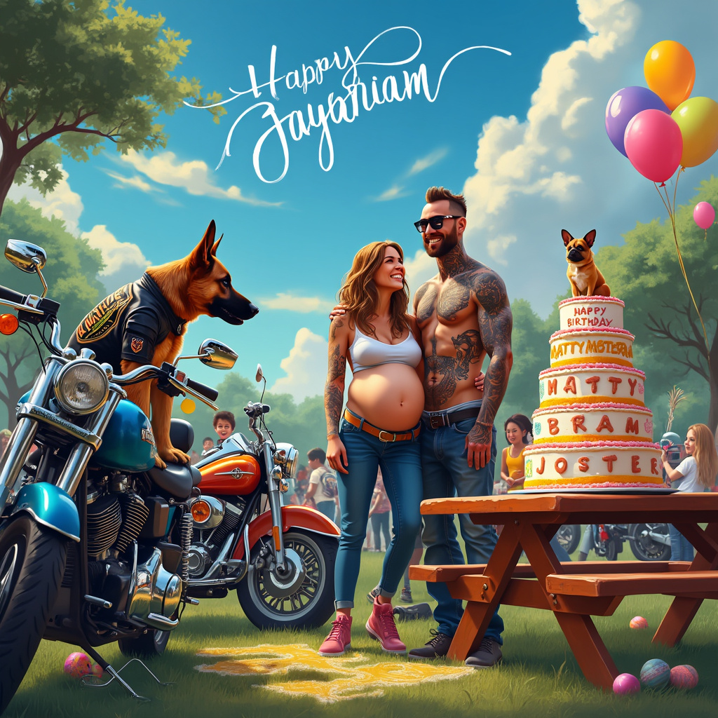 Imagine a bustling outdoor birthday party set in a lively park, complete with a vibrant, blue sky. In the foreground, a group of motorbikes is parked in a semi-circle, each one unique with brightly colored paint jobs and chrome accents. On the seat of one of these motorbikes, a German Shepherd sits proudly, wearing a tiny, customized biker jacket that reads "Best Bud" in bold letters. 

To the right, a towering cake stands on a picnic table, covered in intricate designs. The cake topper is a mini replica of Matty Gaybraham riding a motorbike, with the letters "Happy Birthday Matty Gaybraham" written in frosting across the tiers. 

Next to the cake, a pregnant woman with an elegantly round belly is laughing heartily. She has an arm wrapped around her husband, a heavily tattooed man with an exaggeratedly huge nose. His tattoos tell a story, with one of the more prominent pieces being a realistic tattoo of the German Shepherd on his forearm. 

In the background, there are colorful balloons tied to the backs of the motorbikes, swaying gently in the breeze. Up in the sky, fluffy clouds are whimsically shaped to spell out "Matty Gaybraham" in an almost childlike scrawl. 

Finally, children are running around with toy motorbikes, pretending to race them on a makeshift track drawn in chalk on the pavement. All these elements come together to create a dynamic and visually engaging birthday scene that celebrates Matty Gaybraham in an unforgettable way.
Generated with these themes: Motorbikes, Huge nose, German shepherd, Tattoos, and Pregnant wife.
Made with ❤️ by AI.