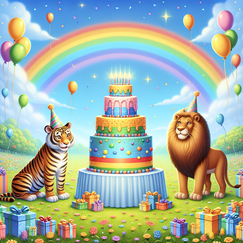 Create an image illustrating a cheerful birthday celebration situated in a lively meadow under a pastel blue sky. The central figures are a good-natured tiger and an aristocratic lion, both outfitted with party hats, standing on opposing sides of an impressively tall, multicolored cake. A rainbow is seen encompassing the setting, emitting a warm radiance. The scene includes assorted presents wrapped in celebratory patterns dispersed throughout the setting, with numerous shiny balloons gently soaring above, adding a festive ambiance.
Generated with these themes: tiger lion cake rainbow gift balloon.
Made with ❤️ by AI.