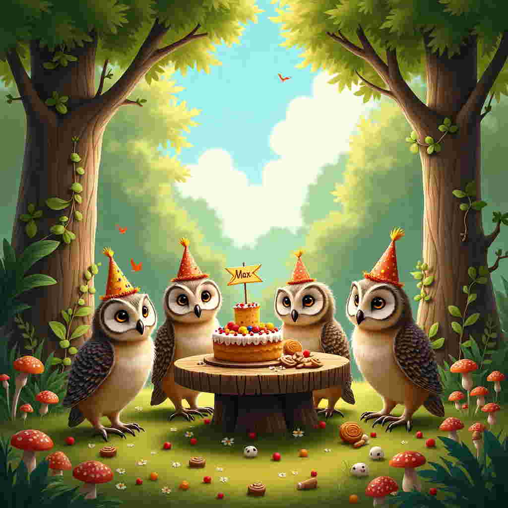 In the heart of a lush, enchanted woodland, under the dappled light of a gently filtering sun, a group of little owls are gathered to celebrate a birthday. The scene is vibrant and full of intricate detail, capturing a whimsical moment reminiscent of a fairytale illustration.

In the foreground, a small wooden table, crafted from the trunk of an ancient tree, is set with an array of woodland treats. On it rests a rustic cake, lovingly decorated with berries, acorns, and tiny wildflowers. The cake is topped with a small flag that playfully flutters in the gentle breeze, bearing the name "Max" in charming, hand-lettered script.

Surrounding the table, several owls—each distinct with expressive, wide eyes and intricately patterned feathers in shades of tawny brown, soft gray, and snowy white—are perched on nearby branches or gathered on the ground. They wear tiny party hats made from colorful leaves and twigs, each uniquely designed to reflect the personality of its wearer.

In the background, the forest is alive with detail. Towering trees stretch upward, their bark textured and rugged, forming a natural canopy of deep green leaves. Shafts of sunlight pierce through the foliage, casting playful shadows that dance across the forest floor. Among the trees, one can glimpse delicate tendrils of ivy climbing their trunks and an array of colorful mushrooms peeking through the soft carpet of moss.

High above, the sky is a clear, soft blue with wisps of cotton-like clouds drifting lazily by. A few curious birds can be seen flitting through the branches, joining in the celebration with their cheerful chirps.

The entire scene is rendered in a style that blends the whimsy of Beatrix Potter with the detailed elegance of Arthur Rackham, creating a rich tapestry of visual storytelling. Each element is meticulously detailed, inviting the viewer to linger over every feather, leaf, and shadow, immersing themselves in the enchanting world of Max's birthday celebration in the woods.
Generated with these themes: little owls in the woods.
Made with ❤️ by AI.