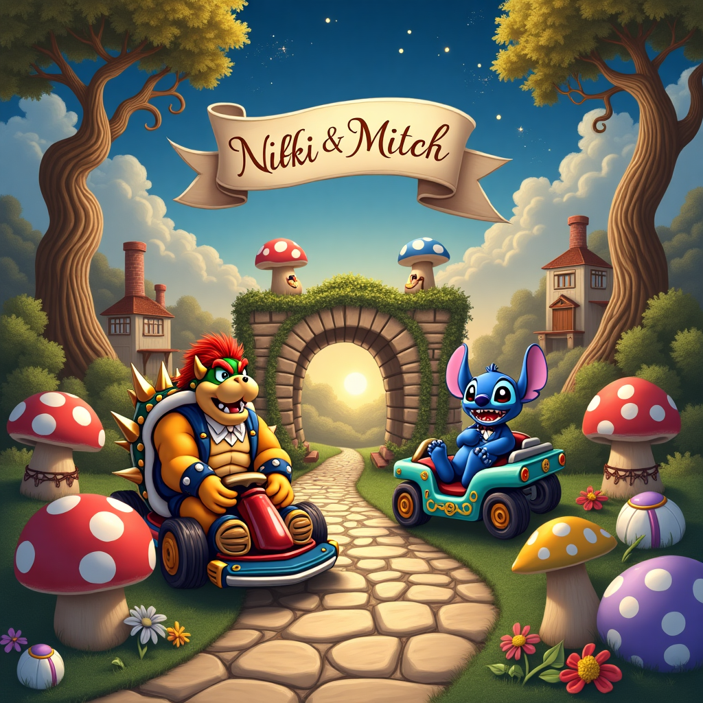 In the foreground, a dynamic scene unfolds with a stylized Mario Kart race track winding through a whimsical, fantastical landscape. The track is cobblestone, weaving between vibrant mushrooms reminiscent of the classic game, but with a fairy-tale twist. 

On the left, Bowser, adorned in a tuxedo with spikes on the lapels, is seated in a kart that resembles a regal throne, his expression fierce yet playful. His kart, detailed with gold embellishments and dragon motifs, is slightly lifted as if he's about to zoom past.

To the right, Stitch, from the Lilo & Stitch universe, is wearing a mini tuxedo with a cheeky grin, seated in a kart modeled after a Hawaiian island, complete with tiny palm trees and surfboards attached to the sides. The kart has a beachy color palette with turquoise and sandy beige.

In the center, a small arched stone bridge serves as a crossover, its sides festooned with white and lavender flowers, blending Beatrix Potter's gentle naturalism with Maxfield Parrish's vibrant colors. The arches are detailed with vines that spiral upwards, with little animated woodland creatures peeking out, drawing from Arthur Rackham's enchanted forests.

Above the bridge, a banner unfurls across the sky, cloud-white with gold lettering that reads "Nikki & Mitch," gracefully set against a backdrop of a twilight sky transitioning from deep indigo at the top to a warm golden hue near the horizon, hinting at a setting sun. The sky is dotted with stars just beginning to twinkle, inspired by Gustave Doré’s celestial depictions.

In the background, quaint cottages with spiraling chimneys are visible, reminiscent of Maurice Sendak's charmingly crooked architecture. The scene is framed by trees with grand, sweeping branches, their leaves in autumnal colors—a nod to N.C. Wyeth’s rich landscapes.

In the lower corners, tiny decorative elements like quills and vintage ink bottles are sketched in the style of Aubrey Beardsley, adding an intricate, whimsical touch to the card’s edges. The whole scene is bordered by a thin, dark line reminiscent of Edward Gorey, providing a crisp, illustrative frame.

This card should embody a sense of playful fantasy, intricate detail, and vibrant color to celebrate Nikki and Mitch’s unique wedding theme.
Generated with these themes: Mario kart wedding with bowser and stitch.
Made with ❤️ by AI.