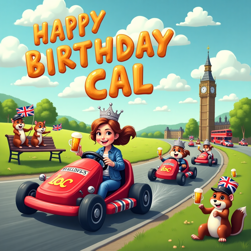 In this vibrant and whimsical birthday scene, a bustling racetrack winds through the rolling green hills of the English countryside, beneath a sky painted with fluffy clouds that spell out "Happy Birthday Cal" in bright, balloon-like letters. At the forefront, a jubilant Go Kart Queen, wearing a sparkling crown adorned with tiny Union Jack flags, zips past in her kart. Her vehicle is an amusing fusion of a classic go-kart and a British telephone box, painted a brilliant red and sporting chrome beer can holders on the sides, clinking gently as she speeds along. Trailing behind her, a convoy of cheerful racing competitors—each with their own quirky vehicle, like a Mini Cooper-shaped kart and a double-decker bus on wheels—laugh heartily as they compete for the finish line.

Scattered throughout the scene are cartoonish elements: a cheering crowd of animals—badgers and foxes wearing tiny bowler hats and sipping tea—line the track, waving Union Jack flags with fervor. Off to the side, a cheeky squirrel balances a pint of beer atop its head while perched on a park bench, giving a toast to the birthday festivities. In the background, Big Ben stands proudly, casting a watchful eye over the joyous proceedings. The entire scene is alive with energy, capturing the spirit of fun and adventure as it celebrates Cal's birthday in a truly memorable and humorously British fashion.
Generated with these themes: Go Kart Queen, Beer, and United Kingdom.
Made with ❤️ by AI.