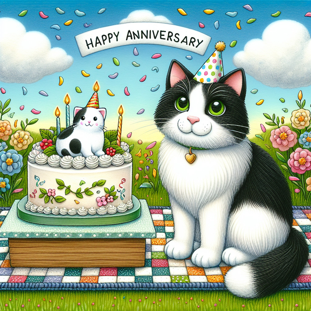 Imagine a setting in a cartoon-like style where an adult domestic shorthair cat with a black and white coat and bright green eyes is sitting contentedly in a meadow. The cat dons a tiny party hat and is surrounded by confetti in a myriad of hues. Beside the cat, there's an anniversary cake decorated with a small cat figure as the cake topper, placed on a quilt with a checker pattern. The cake sits idly, awaiting to be enjoyed. Above them, the sky forms the phrase 'Happy Anniversary' with fluffy clouds, adding a whimsical touch to the scene.
.
Made with ❤️ by AI.
