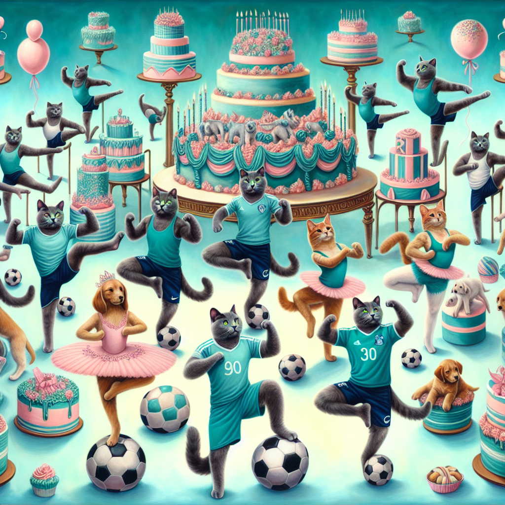 Imagine a birthday scene blossoming in teal and pink hues, where 30 lively cats, dressed in gym attire, are seen balancing on soccer balls while flexing their muscles as if partaking in a gym session. Each cat is shirted with a generic football team symbol, celebrating the sport. Puppies, adorned in pink ribbons, emulate ballet dancers exercising alongside these feline participants. Above them floats an array of surreal cakes, ornately decorated with various baking motifs and frosted in shades of teal and pink, meeting the atmosphere with note of celebration and creativity.
Generated with these themes: 30 Cats Puppies Gym Tottenham Hotspur Football Ballet Pink Teal cakes baking .
Made with ❤️ by AI.