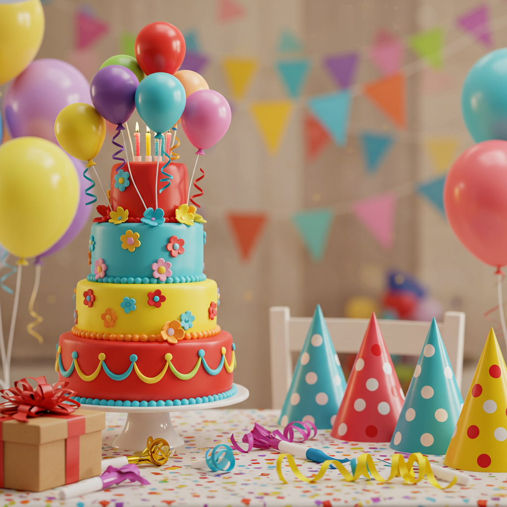 Front Cover Description:

A birthday party scene unfolds in vivid, lifelike detail, capturing the essence of a joyful celebration. In the foreground, a large, vibrant cake steals the spotlight. The cake is multi-tiered, with each layer a different color of the rainbow—rich red, sunny yellow, vivid green, sky blue, and royal purple. It's adorned with intricate sugar flowers and whimsical fondant balloons that appear to float above the cake. Each balloon is a different bright color: red, blue, yellow, and pink, with shiny metallic ribbons cascading down.

Surrounding the cake are cheerful party hats scattered around a table. These hats are cone-shaped, each boasting polka dots of various sizes in a mix of contrasting colors like orange and teal, or purple and lime green. They have thin elastic strings, giving the illusion they’re ready to be worn.

In the background, a cluster of balloons in complementary colors—some matte, some glossy—are tethered to the back of a chair. Behind them, strings of multicolored bunting stretch across the scene, each flag intricately patterned with stripes, dots, and stars, forming a playful canopy.

To the left, a small stack of presents is visible, wrapped in shiny metallic paper that reflects the light in hues of gold, silver, and emerald. They are tied with oversized bows in matching colors, their ribbon tails artistically draped over the edges.

A tablecloth in the center is adorned with a confetti pattern—tiny stars and circles in bold primary colors against a crisp white background. Scattered on the table are small, spiraled party blowers with gold and silver foil tips, as if ready to be picked up and used.

The scene is set against a softly blurred background, hinting at an indoor setting, with pastel-colored streamers hanging from the ceiling and faint glimpses of party-goers blurred into a colorful mosaic, ensuring the focus remains on the vibrant elements of the birthday scene.
Generated with these themes: Happy birthday , and .
Made with ❤️ by AI.