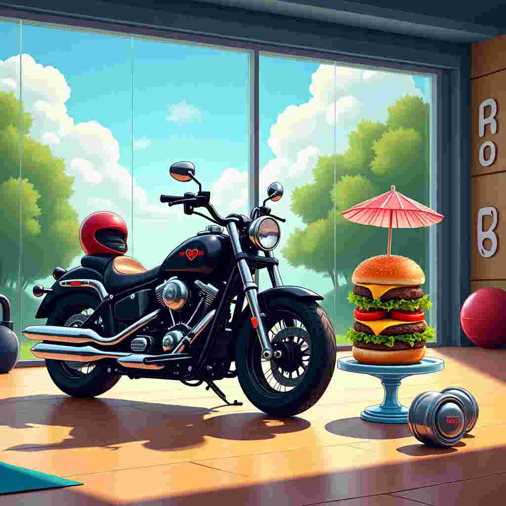 Front Cover Illustration:

Visual Scene: 

1. **Background**: A vivid gym interior that seamlessly transitions into an outdoor area. On the left side, the gym has a large glass wall, giving a clear view of the outside. Through the glass, a bright blue sky and lush green trees are visible. The indoor gym has a smooth wooden floor with scattered pieces of gym equipment like a shiny black kettlebell, a red exercise ball, and a blue yoga mat. The gym wall is adorned with a motivational banner reading "ROB" in bold, white letters.

2. **Central Focus**: At the center, a sturdy, glossy black motorbike leans on its kickstand. It's detailed with chrome accents and has a sleek, muscular design. A shiny red helmet hangs on one of the handlebars. A small, heart-shaped decal on the fuel tank adds a touch of festivity to the anniversary theme.

3. **Foreground Elements**: To the right of the motorbike, there's a tall, glass pedestal holding a gourmet burger. The burger is layered with a golden-brown bun, vibrant green lettuce, juicy red tomatoes, a perfectly cooked beef patty, and a slice of melted cheddar cheese. A small cocktail umbrella with "ROB" written on it sticks out of the top bun, adding a whimsical element.

4. **Additional Details**: Near the burger, a pair of dumbbells lies casually on the ground, painted in bright metallic silver. The whole scene is illuminated by natural sunlight pouring through the gym's glass wall, casting dynamic shadows on the floor and highlighting the textures of each object.

This cover combines the themes of gym, motorbikes, and burgers with the special touch of "ROB" integrated into the design, creating a unique and visually striking anniversary greeting card front.
Generated with these themes: Gym, Motorbikes, and Burgers.
Made with ❤️ by AI.