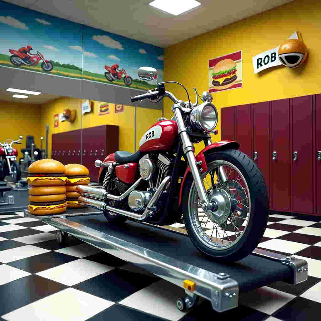 On the front cover of this anniversary greeting card, imagine a vivid, lifelike scene set in an energetic gymnasium where elements of motorbikes and burgers seamlessly blend into the setting. 

In the foreground, a polished chrome motorbike sits proudly on a sleek, black treadmill, its metallic surface reflecting the overhead gym lights. The bike is detailed with red and black accents and has a small banner across the seat with the word "ROB" in bold white letters.

To the left, a gleaming weight bench is stacked with golden dumbbells that are sculpted to resemble classic, juicy cheeseburgers, complete with sesame seed buns and oozing cheese painted with precision. The condiments are colorfully captured: vivid red ketchup, tangy yellow mustard, and vibrant green lettuce.

In the background, a wall-sized mirror reflects the scene, adding depth and giving a glimpse of additional gym equipment. Above this mirrored wall, motivational posters depict racing motorbikes on open highways under clear blue skies, reinforcing the theme.

The floor is designed like a checkerboard racing flag, with black and white tiles adding contrast to the rich details around them. To complete the scene, a row of burgundy lockers lines the right side, with one door ajar revealing a helmet shaped like a burger bun.

In the upper-right corner, a miniature banner with the word "ROB" flutters slightly, tied between two golden dumbbells mounted on the wall. The card’s color palette is a vibrant blend of chrome silvers, motorbike reds, and juicy burger yellows, making the imagery both humorous and vividly realistic.
Generated with these themes: Gym, Motorbikes, and Burgers.
Made with ❤️ by AI.