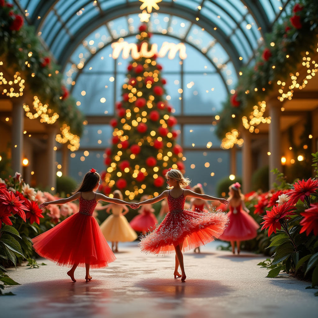 The scene captures a whimsical Christmas ballroom extravaganza set in a grand Victorian greenhouse, filled with an enchanting array of vibrant, larger-than-life flowers dressed as elegant ballroom dancers. Each flower, from roses to lilies and orchids, wears a miniature outfit made from silk petals and leaves, perfectly styled for a night of waltzing. Their stems serve as legs, allowing them to twirl gracefully across a dance floor made of polished, mirrored ice, reflecting the shimmering colors of their floral gowns. Above the dance floor, sparkling fairy lights hang in delicate loops from the glass ceiling, casting a warm, festive glow over the spectacle below. Tiny golden stars float lazily in the air, like magical confetti.

In the foreground, a pair of radiant, twinkling poinsettias, the show's prima ballerinas, are caught mid-pirouette, with delicate sparkles trailing from their sequined petal dresses. Nearby, a lively conga line of daffodils and tulips, each wearing a tiny Santa hat, adds a dash of humor to the elegant proceedings. At the center of the scene, towering above, stands a majestic Christmas tree made entirely of poinsettias, with a glittering silver star atop it. 

Incorporated into the sky-high arched glass ceiling, the name "Mum" appears beautifully spelled out in a constellation of twinkling stars, with comet-like sparkles accentuating each letter. Around the edges of the scene, a gentle snow of glitter softly lands on everything, adding to the ethereal and festive magic of this unique ballroom of flora and twinkles.
Generated with these themes: Ballroom dancing flowers sparkles.
Made with ❤️ by AI.