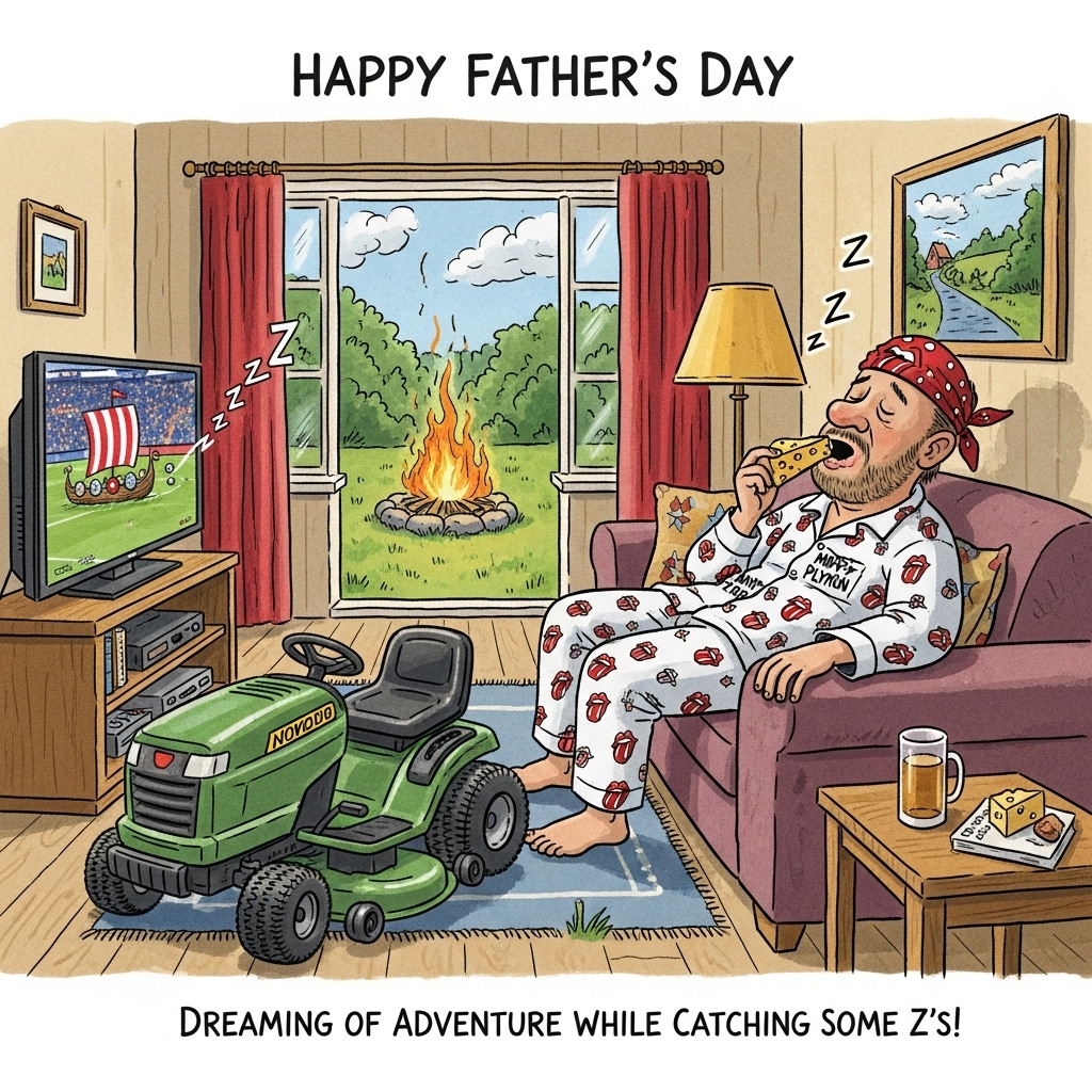 At the top of the Illustration Style image, write: **Happy Father’s Day**

**Scene Description:**

Create a lively and humorous illustration featuring a father character embodying the quintessential dad vibes. Imagine him seated on a comfy sofa in a cozy Danish living room, clad in a Monty Python-themed pajama set and a Rolling Stones bandana. The TV in the room is broadcasting a thrilling sports match, but the father has dozed off, his head slightly tilted back and mouth open, holding a slice of cheese as a snack.

Nearby, a ride-on lawn mower is humorously parked in the living room, its tires sprinkled with grass, as if it was driven inside after a long day of yard work. In the background, through a window, a bonfire is cheerfully crackling away in the backyard, its glow reflecting off the father’s peaceful, slumbering face.

Add a touch of whimsy with a small illustration of a tiny Viking ship, symbolizing Denmark, sailing across the TV screen as if part of the sports broadcast. A playful caption under the image reads: "Dreaming of Adventure While Catching Some Z's!" 

The warm, expressive color palette with hand-drawn fine linework and textured brush strokes brings this humorous scene to life, making it a delightful Father’s Day card cover.
Generated with these themes: Watching sport on tv, falling asleep on sofa, Monty python, Rolling Stones, cheese, ride on lawn mower, lighting bonfires, Denmark,, and .
Made with ❤️ by AI.