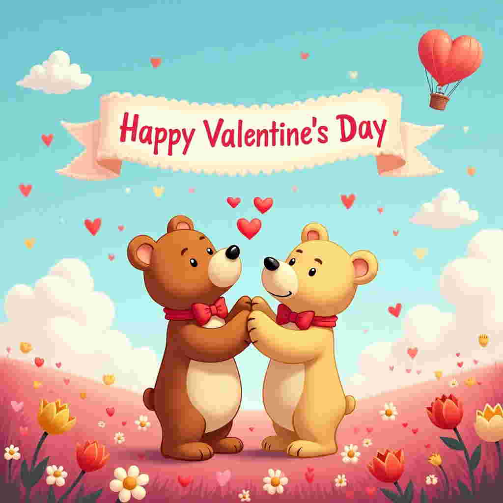 Front and center, there are two adorable cartoon bears standing on their hind legs, their oversized, rounded heads are tilted slightly towards each other, giving them a cheeky, playful appearance reminiscent of early Disney characters. The bears have large, expressive eyes and their exaggeratedly wide paws are clasped together, forming a heart shape between them. One bear is a light honey brown, while the other is a soft, creamy beige. They each sport a small, matching red bow tie around their necks, adding a touch of elegance to their playful look.

Surrounding the bears are a flurry of small, vibrant hearts in varying shades of pink, red, and purple. These hearts appear to be whimsically floating around them, each one slightly different in size and shape, echoing the playful style of Schulz or Watterson.

In the background, a bright, cartoon-style landscape unfolds. The sky is a vivid, cloudless azure, painted with a gradient of soft pastel pinks and purples along the horizon, reminiscent of a cheerful sunrise. Below, a lush, rolling field of exaggeratedly large, perfectly round daisies and tulips in cheerful reds and yellows stretches out, inspired by the fantastical landscapes of Winsor McCay.

In the upper part of the scene, across the brilliant blue sky, a large, friendly banner unfurls. It is a soft, cloud-like white, with frilly edges, fluttering slightly as if caught in a gentle breeze. Across the banner, in playful, bubble-like pink letters, is the text "은비", boldly standing out against the sky.

To add a touch of whimsy, in the background, a small, cartoon-style hot air balloon can be seen, with a basket shaped like a heart, lazily drifting above the field of flowers, reminiscent of something out of a Far Side comic or a scene from Hergé's Tintin. This little detail ties in the sense of adventure and fun, completing the cartoon-style Valentine's Day scene.
Generated with these themes: 2 cute bears holding hands with hearts surrounding them.
Made with ❤️ by AI.