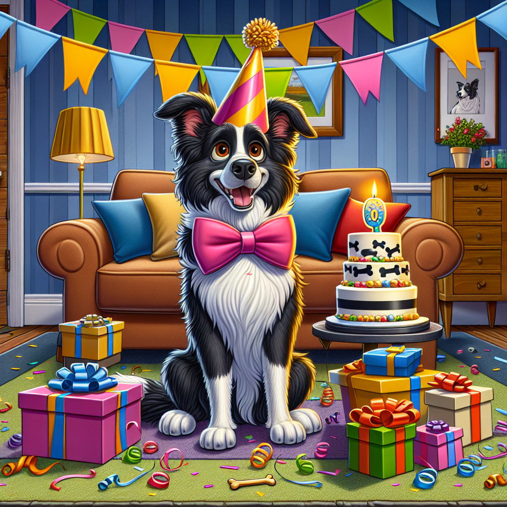 A cartoonish living room is festively decorated with colorful streamers and scattered confetti signifying a birthday celebration. The centerpiece is an adult Border Collie. It boasts a shiny black and white coat with endearing brown eyes that are full of happiness. The dog, distinguished by its jaunty party hat and oversized comical bow tie, sits proudly next to a stack of dog-themed presents, projecting the joy of the special day. To add the final touch, a whimsically designed cake garnished with a solitary bone-shaped candle awaits on the living room table, signifying the birthday wish.
.
Made with ❤️ by AI.