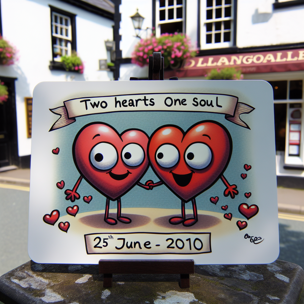 Visualize a charming cartoon scene set on the idyllic streets of Llangollen. The main feature is a pair of anthropomorphized hearts floating together, each heart bearing a joyful expression. The hearts are united by a caption which reads 'Two Hearts One Soul', signifying their strong partnership. Above them, '25th June 2010' is illustrated, marking their special anniversary, while beneath, the playful inscription 'Mr & Mrs' acts as a loving nod to the decade they have spent together.
Generated with these themes: Llangollen , Two Hearts One Soul, 25th June 2010, and Mr & Mrs .
Made with ❤️ by AI.
