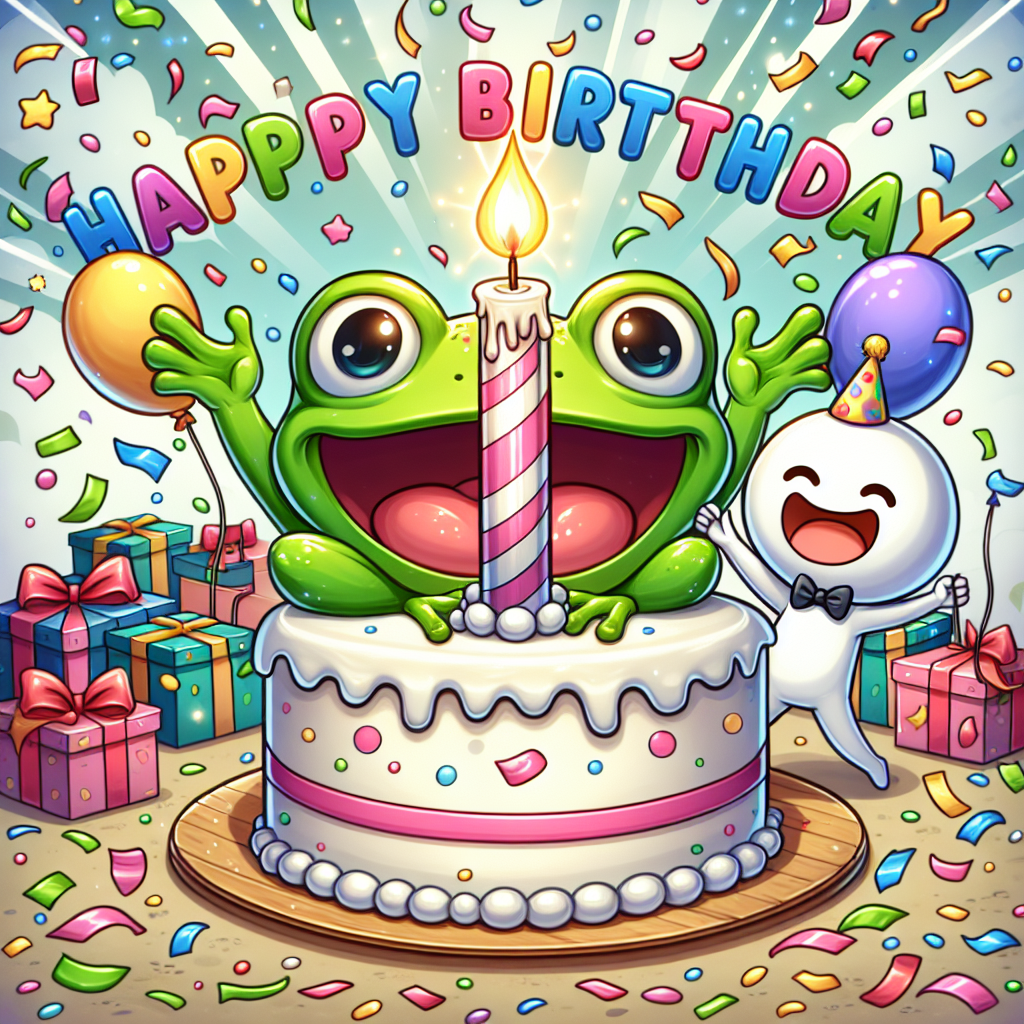 Create a delightful birthday-themed cartoon illustration where a happy green frog is the center of attention amidst a burst of colorful confetti. The frog is joyfully reaching out with its tongue towards a candle on a giant birthday cake in anticipation of the birthday wish. A nondescript character, radiating a cheerful vibe, joins the celebration wearing a tiny bow tie. A background filled with presents and multicolored balloons adds to the festive mood.
Generated with these themes: Frog, and Snus.
Made with ❤️ by AI.