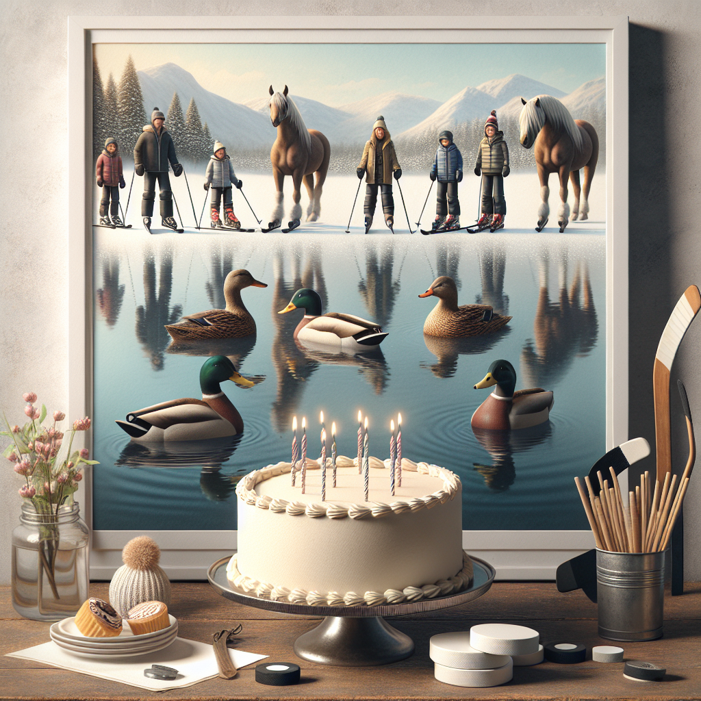 Create a solemn image intended for a birthday celebration that captures a quiet reflection moment during a joyous event. Feature a scene with three ducks gliding peacefully across a tranquil pond, with majestic horses standing nearby the water's edge. In the backdrop, a group of friends of various descents and genders, each dressed in ski gear, are standing before an elegantly simple birthday cake that sits on a rustic table. Include a modest number of hockey sticks and pucks off to the side, implying a friendly competition on the ice earlier.
Generated with these themes: Ducks, Sking, Horses, Cake, and Hockey.
Made with ❤️ by AI.