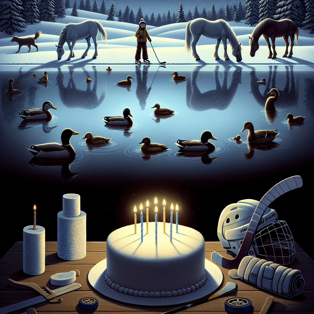 Envision a birthday-themed illustration that carries a serene yet solemn mood. Think of ducks swimming in a calm body of water, their shape mirrored by the image of horses grazing peacefully near the snowy banks. In the midst of this tranquil setting, there's a distinct group of people each of different descents like Caucasian, Hispanic, Middle-Eastern, South-Asian and Black, both male and female, all clad in winter skiing clothes huddled around a simple birthday cake. The glow from the cake's candles casts a soft luminescence. Subtly placed in the foreground, there lays hockey equipment unused, serving as a quiet homage to the beloved sport.
Generated with these themes: Ducks, Sking, Horses, Cake, and Hockey.
Made with ❤️ by AI.
