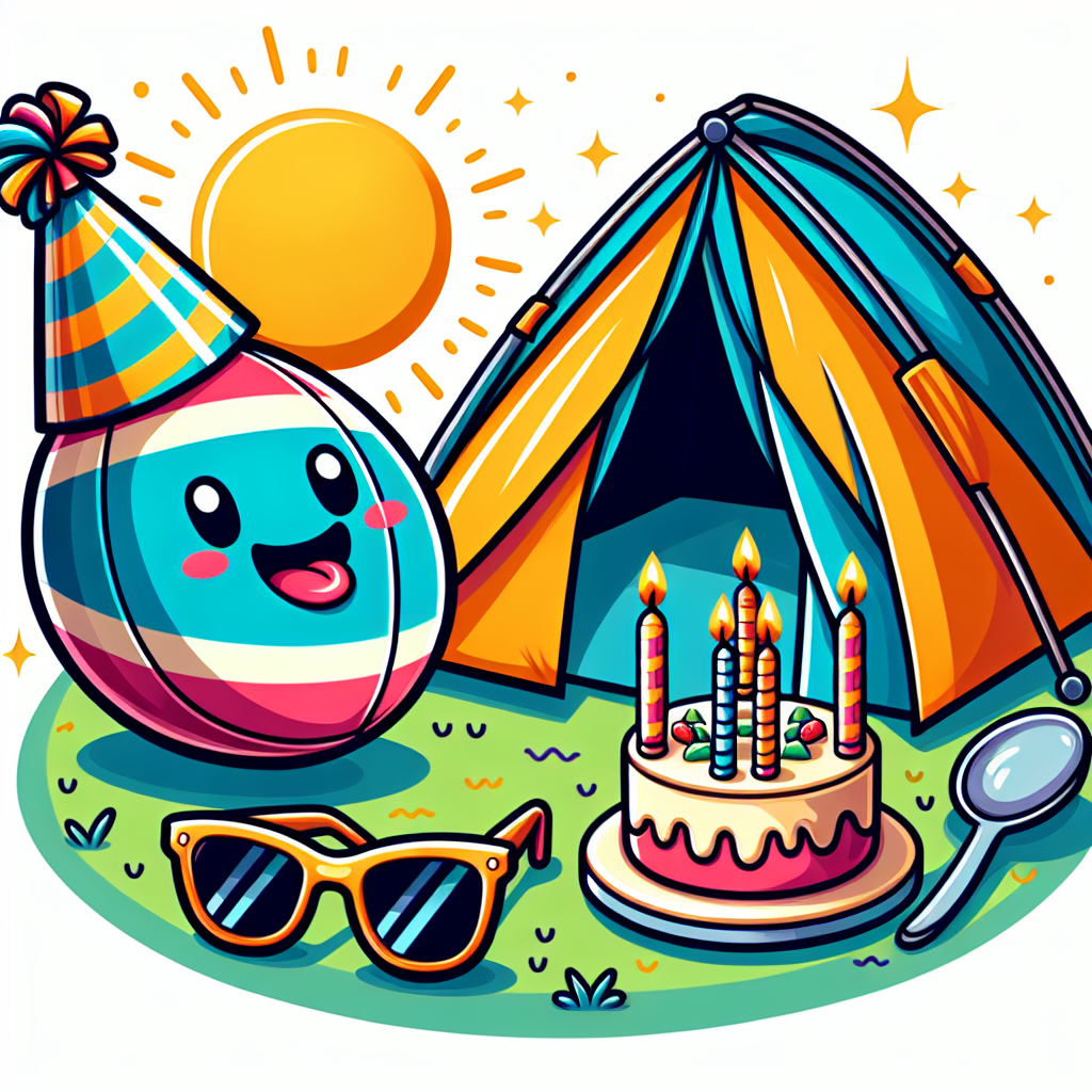 Create a whimsical vector image portraying a cheerful birthday scene. In the design center, feature a vibrant rugby ball wearing a party hat. Beside the rugby ball, illustrate a tent which is partially open to reveal a birthday cake with lit candles inside. On the ground close to the tent, place a pair of stylish sunglasses hinting at the warm, sunny outdoor setting. This image suggests a fun camping adventure celebrating a birthday under the bright sun.
Generated with these themes: Rugby, Camping, and Sunglasses.
Made with ❤️ by AI.