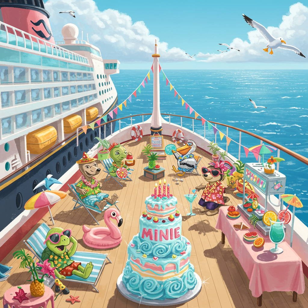 Imagine a vibrant and bustling scene aboard a gigantic cruise ship, floating on the shimmering blue waters under a bright, cloudless sky. The cruise ship itself is colossal and colorful, with exaggerated features like oversized portholes and a massive, whimsically curved bow, painted in pastel colors of pink and light turquoise.

On the deck, there’s a lively summer party in full swing, decorated with strings of multicolored pennant banners flapping cheerfully in the gentle breeze. In the center, a towering cake shaped like a miniature cruise ship stands proudly on a table. The cake's "ocean" is made of swirling blue icing, dotted with small, edible life preservers. On the side of this cake, in playful, frosted letters, is the word "Minnie".

Dotted around the deck are various quirky, exaggerated party elements. A giant inflatable flamingo pool float bobs in an over-sized kiddie pool, its eyes comically wide and googly. Nearby, a colorful drink station features oversized glasses with tiny umbrellas and fruit slices.

Cartoon-style party-goers are depicted as anthropomorphic animals, wearing flamboyant Hawaiian shirts and oversized sun hats, each engaging in different activities: a turtle in sunglasses sunbathing on a deck chair, a pelican juggling tropical fruits, and a porcupine holding an oversized cocktail with a straw.

The background showcases the endless blue sea meeting the horizon, with seagulls drawn in the classic Charles Schulz style, simple and lively, soaring against the backdrop of a sun shaped like an exaggeratedly large, smiling face, reminiscent of classic comic styles.

This scene is a vibrant explosion of summer colors, with every detail from the sky to the sea bursting with a cartoonish, exaggerated whimsy perfect for a Mother’s Day celebration.
Generated with these themes: Cruise Ship, Summer, Party, Mother's Day, and Something Cool.
Made with ❤️ by AI.