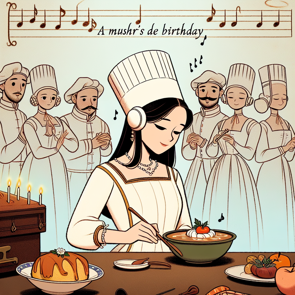 The image showcases a tender and serene birthday celebration with a cartoon aesthetic. Humming in the background is a subtle, groovy tune, reminiscent of the disco era, infusing the environment with a musical vibe. A group of animated characters, inspired by the Tudor era, are drawn with subtle expressions, subtly partying in the backdrop. A central female Asian character wearing a chef's hat is intently focused on creating a lavish dish that is evocative of Tudor culinary traditions. Through this scene, the key themes of culinary arts, history, and music are delicately interwoven, making for a visually pleasant tableau.
Generated with these themes: Abba, Tudors, and Cooking.
Made with ❤️ by AI.