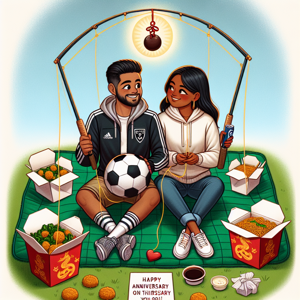 In this charming anniversary themed illustration, a Hispanic male and Black female couple dressed in soccer attire are snuggled up on a picnic blanket designed to mimic a soccer field, encircled by boxes of Chinese takeout. They are holding fishing poles with lines entwined, leading to a single piece of chocolate hanging as bait. Above them, a benevolent spiritual figure smiles down, blessing their bonding. The scene beautifully conveys the warmth and shared interests with a dash of wit, encapsulating the uniqueness and affection in the couple's relationship.
Generated with these themes: Chocolate, Chinese food, Soccer , Fishing, Jesus, and Cuddles.
Made with ❤️ by AI.