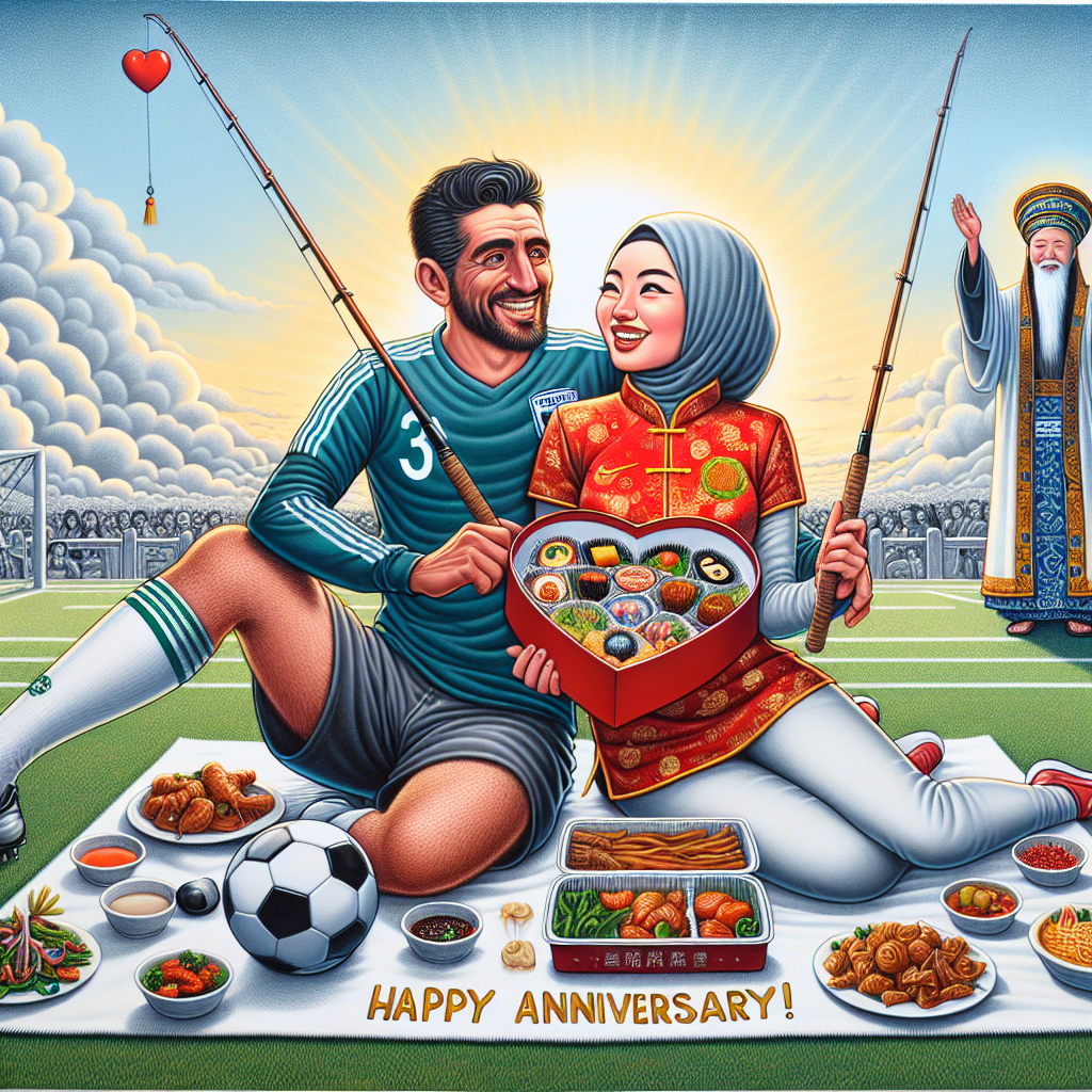 A joyful illustration shows a Hispanic man and a Middle-Eastern woman, both representing a diverse couple, marking their anniversary. The entire canvas, brimming with shared interests, paints the couple indulging in a heart-shaped box of sweets with their feast of Chinese food laid out on a soccer playing field, serving as a unique picnic blanket. A spiritual figure is seen in the backdrop, showering blessings on the couple. Both are clad in soccer uniforms, wielding fishing sticks, each ending in a small heart, a testament to their shared passion for the sport and pastime. A phrase stating 'Happy Anniversary!' enhances the mood, as they bask in a comfortable embrace under an expansive sky.
Generated with these themes: Chocolate, Chinese food, Soccer , Fishing, Jesus, and Cuddles.
Made with ❤️ by AI.