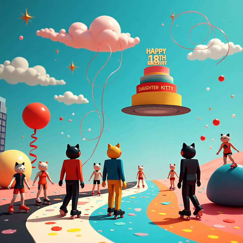 Imagine a surreal birthday card scene set within a whimsical Roblox-inspired universe, where the vibrant, digital landscape merges with elements of high fashion and playful cats on roller skates. In the foreground, a collection of geometric shapes akin to Piet Mondrian's art is transformed into fashion designs: dresses and suits with striking black lines and colorful blocks of red, blue, and yellow adorn fashion-forward Roblox avatars. These avatars glide effortlessly on an abstract runway formed by twisting, paint-splattered pathways reminiscent of Jackson Pollock's drips and swirls. Around them, a group of fashionable cats don roller skates, their fur painted in pastel hues similar to Agnes Martin’s soft palettes. Each cat sports chic miniature outfits, echoing de Kooning’s vibrant and bold brushstrokes, as they gracefully maneuver through the scene, creating kinetic loops in the air that resemble Cy Twombly’s dynamic scribbles.

Above, a cerulean sky holds a cloud formation in the style of Rothko’s color fields, from which descends a giant, shimmering birthday cake suspended in mid-air. The cake is designed with layers that reflect the constructivist style of Kazimir Malevich, each layer a different primary color with simple, geometric patterns. The top of the cake showcases a twinkling banner that spells out "Happy 18th Birthday, Daughter, Kitty!" in a playful font that seems to dance across the sky. In the distance, Joan Miró-inspired stars and swirls animate the background, and scattered throughout are Gerhard Richter-esque blurs, adding an otherworldly touch to this unique celebration of Daughter Kitty’s special day.
Generated with these themes: Roblox, Cats on roller skates, Fashion Design, and Happy 18th Birthday.
Made with ❤️ by AI.