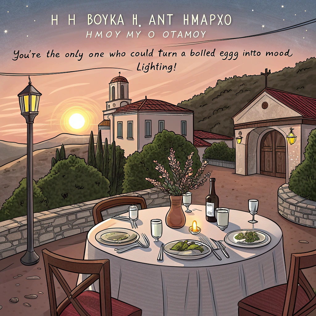 At the top of the image, "Σήφης Βουκάλης Αντιδήμαρχος Δήμου Μυλοποτάμου, you're the only one who could turn a boiled egg into mood lighting!"

- Depict a realistic photograph-style scene of an elegant dinner table set outdoors in a quaint Cretan village at sunset.
- In the center of the table sits a candle... except the candle is hilariously sprouting from the top of a cracked open boiled Easter egg, yolk gently oozing around the base, wax dripping onto dyed shell fragments.
- Other traditional Greek Easter foods subtly fill the scene, with villagers in the background holding up eggs in an egg-tapping duel, confusedly replacing them with little tea lights.
- A warm orange glow casts a romantic vibe, comically undermined by the absurd "egg-as-candle" centerpiece.
Generated with these themes: Egg, and Candle.
Made with ❤️ by AI.