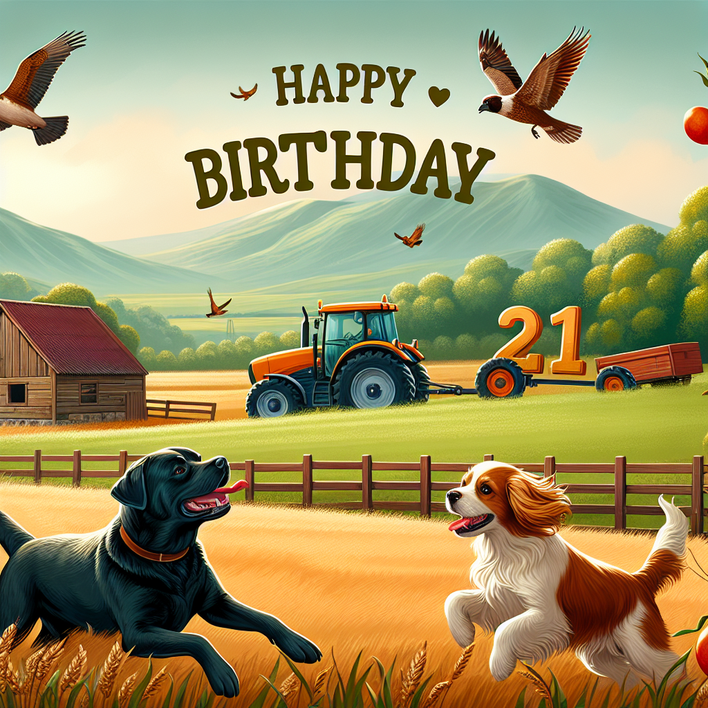 Brown Spaniel, Black Labrador, Orange Tractors, Birds, Nature, Agriculture , 21st, and Son Birthday Card