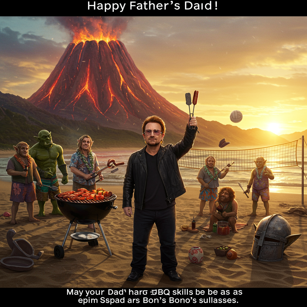 At the top of the Photorealistic picture taken from a camera image, include the text: "Happy Father's Day Dad!"

---

**Image Description:**

Imagine a scene where Bono, dressed in his signature sunglasses and leather jacket, is hobbit-sized, standing triumphantly on a beach. In the background, towering behind him, is a massive BBQ grill resembling the fiery depths of Mount Doom from Lord of the Rings. A group of hobbits and orcs, with their battle gear swapped for Hawaiian shirts and aprons, are joyfully grilling sausages and steaks.

Off to one side, a beach volleyball net is set up, but instead of a ball, there's a large spiked helmet from the Battle of Stalingrad being volleyed back and forth between elves and goblins, all in good humor. The sun is setting, casting a golden hue over the playful chaos, while Bono holds a microphone, seemingly ready to serenade the beachgoers with an impromptu concert.

In the bottom corner of the image, add a cheeky text caption: "May your Dad's BBQ skills be as epic as Bono's sunglasses!"
Generated with these themes: Bono, Lord of the Rings, The Battle of Stalingrad, BBQ on the Beach , and .
Made with ❤️ by AI.
