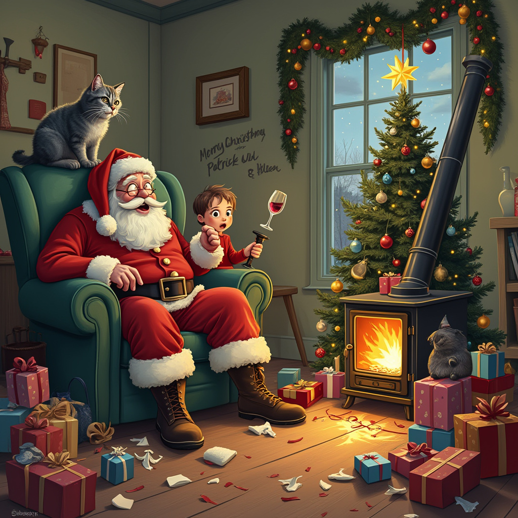 In the whimsical living room of a cozy cottage, a scene unfolds that captures the essence of a hilariously chaotic Christmas Eve. A grey cat, with an expression of sheer disbelief, perches precariously atop a lopsided Christmas tree. This tree is not just wonky; it's an architectural marvel of chaos, adorned with mismatched ornaments that dangle precariously, and a star on top teetering as if it might leap off at any moment. Nearby, a vintage wood burner crackles, sending vibrant orange flames dancing upwards, casting flickering shadows on the walls.

In the foreground, Santa Claus is caught in a moment of comedic calamity. With rosy cheeks and a noticeably tilted red hat, he sits slumped in an oversized armchair, one boot off, and a half-spilled wine glass clutched in his hand. His eyes, half-open, suggest he's had a bit too much holiday cheer, evidenced by a small puddle of wine pooling on the floor, reflecting the twinkling lights. Around his feet lie broken presents, bits of wrapping paper, and toys scattered haphazardly, as if they've just endured a minor explosion.

Two wide-eyed children, standing in their festive pajamas, peek from behind a partially opened door. Their expressions are a blend of amazement and bewilderment as they witness the not-so-typical Santa scenario unfolding before them. Above them, cleverly integrated into the looping garlands and holly strung across the room, are the words "Merry Christmas Patrick and Helen," written in a playful, curling script that seems to dance in sync with the festive chaos around it.

This entire tableau is a blend of hilarity and holiday warmth, inviting the viewer to chuckle at the delightful disorder of the season.
Generated with these themes: Grey Cat, Wnky Christmas Tree, Wood Burner flames, Spilled Wine Glass, Drunk Santa Clause, Two children seeing santa, and Broken presents.
Made with ❤️ by AI.