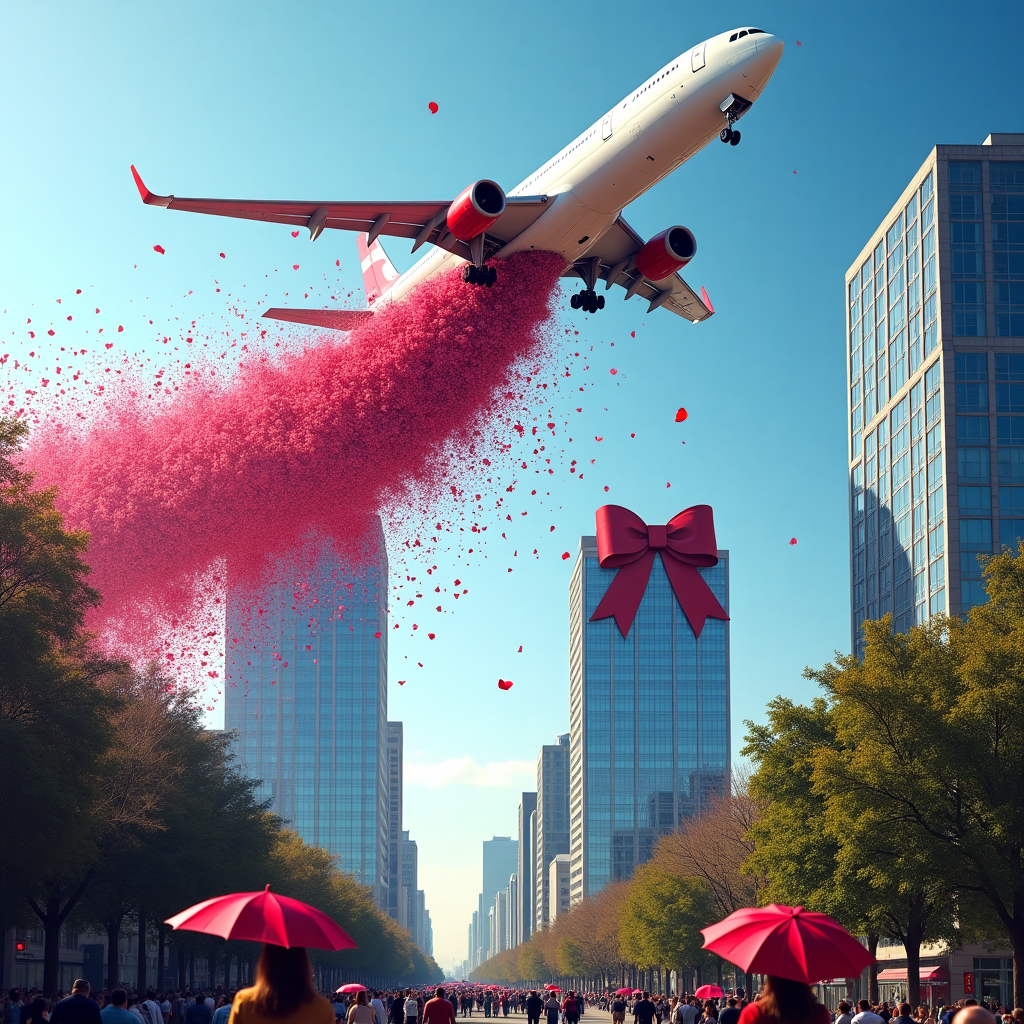 **Image Prompt:**

At the top of the realistic photograph image, "Happy Valentine’s Day, John — love is in the air(space)!"  

A realistic photograph capturing a dramatic, funny Valentine’s Day scene: a giant commercial airplane soaring low above a modern city skyline under a crisp blue sky. From the open bay of the plane, an enormous cascade of red and pink flowers pours downward like a blooming bomb run. Below, two tall skyscrapers—one shaped vaguely like a heart, the other humorously sporting a huge red bow—stand as if eagerly awaiting their romantic "air-drop." The city street below is bustling with surprised pedestrians dodging the petal storm while holding up umbrellas and laughing. Bright sunlight glints off glass windows, catching floating petals mid-fall in crystal-clear detail, capturing the perfect fusion of romance and chaos.
Generated with these themes: A big plane dropping flowers at two big sky scrapers .
Made with ❤️ by AI.