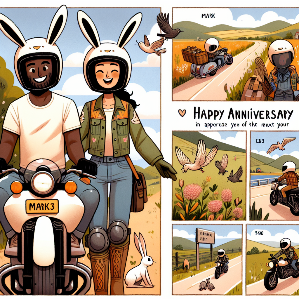 Create an image illustrating Mark, identified as a Hispanic male, and Emma, represented as a Black female, celebrating their special anniversary filled with fun and exploration. The couple begins the day wearing distinctive rabbit-themed helmets before venturing out for a picturesque motorcycle journey, their hearty laughter reverberating across the rural landscape. Halfway, they halt to appreciate a group of birds in flight, symbolizing their own untamed love. The day culminates with them making plans for their next adventurous trip, celebrating yet another year of their blissful journey together.
Generated with these themes: Hare, Bird, Motorbike, and Travelling.
Made with ❤️ by AI.