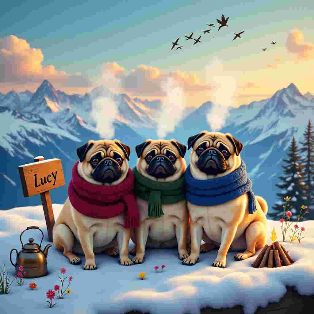 Front and center, a group of three plump pugs huddles together, each snugly wrapped in vibrant knit scarves—one in deep maroon, another in forest green, and the third in royal blue. Their snouts comically puff clouds of smoke, dispersing into the chilly air. Their fur is a mix of sandy beige and rich fawn, detailed with natural black accents around their wrinkled brows and floppy ears.

The pugs sit on a snowy mountain ledge, the glistening powder beneath them peppered with their paw prints. In the distance, the majestic peaks of snow-capped mountains stretch toward the horizon, kissed by the orange and pink hues of a setting sun. Fluffy, white clouds drift lazily across the blue sky, their edges tinged with gold.

Behind the pugs, a small campfire crackles, its flames dancing and casting flickering shadows on the snow. A tiny, metal kettle sits on a rock nearby, steam curling from its spout, hinting at a warm brew. Scattered around the scene are little, colorful wildflowers poking through the snow, resilient against the cold.

A rectangular wooden sign juts out from the snowbank to the left of the pugs, weathered and carved with the name "Lucy" in bold, playful letters. Above the scene, a flock of birds flies in a V-formation, tiny silhouettes against the painted sky.

This vivid imagery captures a moment frozen in time, where whimsy meets realism, perfectly balancing nature's serene beauty with the unexpected sight of smoking pugs.
Generated with these themes: Pugs smoking weed on a mountain in the snow.
Made with ❤️ by AI.