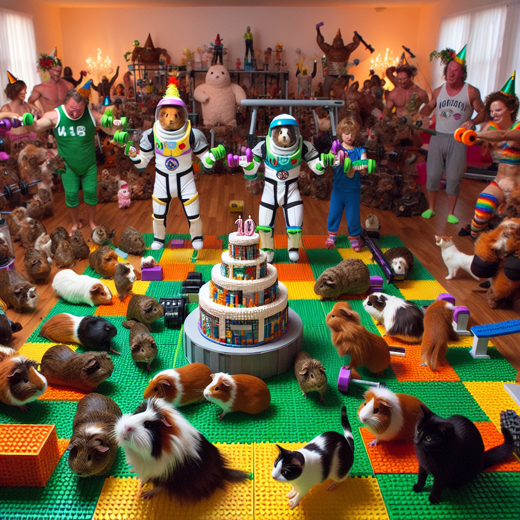 A room filled with joy as guinea pigs, adorned in costumes reminiscent of a popular space-themed movie, speed through an obstacle course made of plastic building blocks. Numerous guests, of various descents and genders, partake in playful workouts, lifting plastic building block-weighted bars, while felines wearing festive hats curiously examine the training tools. A cake, meticulously designed to mirror a fitness center made of plastic building blocks, holds a noble position in the center of the room, encircled by the delightful and unusual birthday setting.
Generated with these themes: Cats. Guinea pigs. Lego. Star wars. Gym. Weight training.
Made with ❤️ by AI.