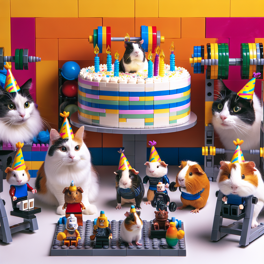 Envision a whimsical birthday occasion where a diverse variety of cats, donned in amusing and colorful hats, gather around a cake made entirely of intricately-assembled Lego. Amidst this celebration, enjoy the sight of guinea pigs dressed in miniature renditions of generic outer space sci-fi film attires, their antics adding an extra layer of charm to the proceedings. Tucked away in one corner, a playful gym setup, complete with Lego dumbbells, entertains and brings laughter to the guests as they go along with the fun, pretending to perform exercise routines with their endearing cat companions.
Generated with these themes: Cats. Guinea pigs. Lego. Star wars. Gym. Weight training.
Made with ❤️ by AI.