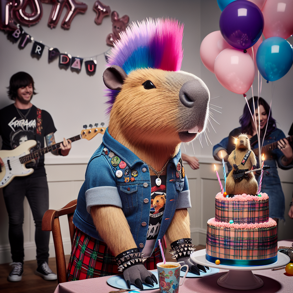 Visualize a lively birthday party scene characterized by an unusually appealing blend of reality and whimsy. Dominating the setting is a plush capybara sporting a pop-punk ensemble that includes a tartan kilt and a dyed mohawk, perfectly encapsulating the event's unique theme. Balloons gently bob above a cake very intricately embellished with icing decorations of capybaras strumming electric guitars. The attending guests, sporting band t-shirts and a diversity of denim outfits, contribute further to the festive atmosphere which is a delightful juxtaposition of the adorable with the rebellious.
Generated with these themes: Pop punk, capybara .
Made with ❤️ by AI.