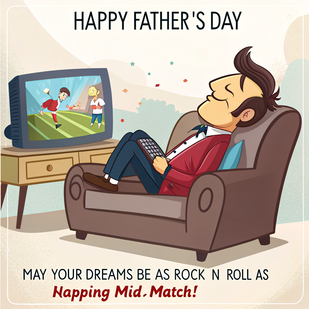 At the top of the image, "Happy Father’s Day":

   At the bottom of the image, "May Your Dreams Be as Rock 'n' Roll as Napping Mid-Match!"

- In the center of the image, depict a cartoon-style scene of a father figure with exaggerated features lounging on a sofa. His eyes are closed as he sleeps, holding a TV remote in one hand and a piece of cheese in the other. 

- Behind him, a TV displays a lively sports match with the teams humorously dressed as Monty Python characters.

- The Rolling Stones logo peeks from his T-shirt, and a ride-on lawn mower sits in the corner of the room with tiny flames and smoke indicating a lighting bonfire in the garden outside the window.

- A small Danish flag rests on a side table next to a stack of records, completing the whimsical scene.
Generated with these themes: Watching sport on tv, falling asleep on sofa, Monty python, Rolling Stones, cheese, ride on lawn mower, lighting bonfires, Denmark, , and .
Made with ❤️ by AI.