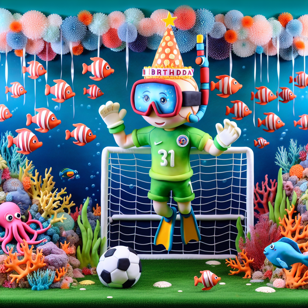 An enchanting undersea birthday tableau features a whimsical character, designed in a playful cartoon style, engaging in a scuba diving adventure. This character sports a vibrant birthday cap, exploring an ocean filled with lively corals and decorative streamers. Further back, a goalpost is creatively placed, guarded by a cartoon octopus adorned in goalkeeper gloves. Hovering above, a cluster of fish arranges itself in a formation resemblant of the flag associated with a female football team from a western European country, their pattern introducing a dynamic splash of national devotion to the festivities.
Generated with these themes: Scuba diving, Goalkeeping , and England women’s football.
Made with ❤️ by AI.