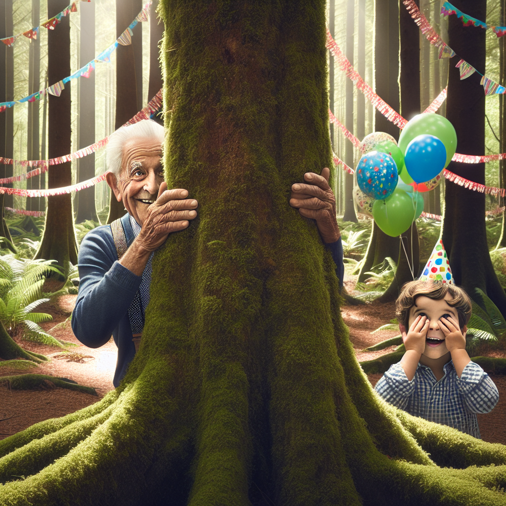 A birthday-themed imagery set in an enchanting forest. An elderly man of Hispanic descent and a small Caucasian boy engage in a joyful game of peekaboo. The older man stands behind a lush tree, his hands veiling his face, ready to spark a delightful surprise on the expectation-filled face of the child. The natural wilderness is adorned with birthday festivity; radiant streamers drape the towering trees and groupings of colorful balloons hover serenely in the backdrop, contributing to the intriguing charm of the game unfolding between the two generations.
Generated with these themes: Grandpa playing peekaboo in the woods with little boy.
Made with ❤️ by AI.